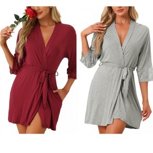 INSPIRE CHIC Women's 2 Pcs Lightweight Knit Cotton Short Robe Sleepwear with Pockets - 1 of 4