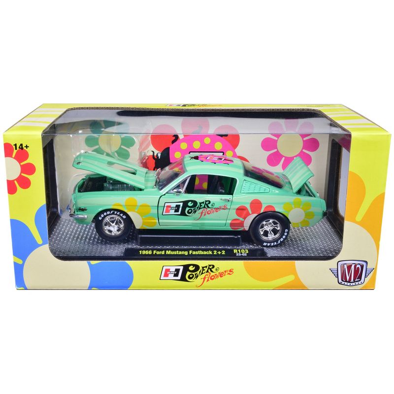 1966 Ford Mustang Fastback 2+2 Seafoam Green and Light Green Striped with Flower Graphics 1/24 Diecast Model Car by M2 Machines, 3 of 4