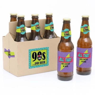 Big Dot of Happiness 90's Throwback - 1990s Party Decorations for Women and Men - 6 Beer Bottle Label Stickers and 1 Carrier