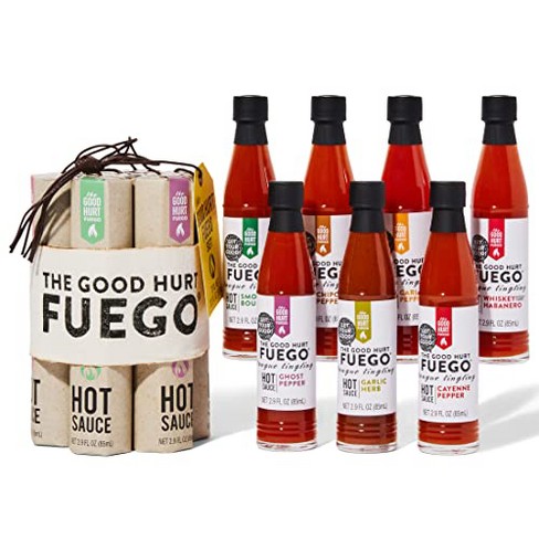 The Good Hurt Fuego by Thoughtfully, Hot Sauce Gift Set, Flavors Includes Ghost Pepper, Smoky Bourbon, Garlic Herb, and More, Set of 7 - image 1 of 4