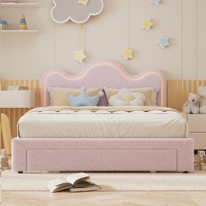 Boucle Bed Frame with Flower Headboard Upholstered Princess Bed Frame for Kids LED Platform Bed Frame with Drawers Strong, Solid Wood Slats Support - 1 of 4