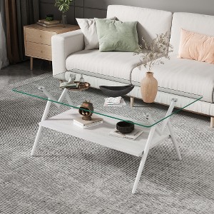 LIVAREEmlen Rectangle Coffee Table with Tempered Glass top and White Metal Legs, Modern Table for Living Room , Transparent Glass - 1 of 4