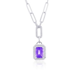 Simona Sterling Silver, Emerald-Cut 7X9 Amethyst, White Topaz Border, Paperclip Necklace - Purple - 18 Inch - 1 of 2