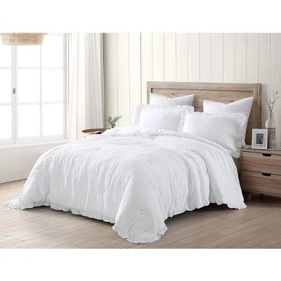 Evo Bytes Washed Microfiber Ruffled Comforter Set Soft Lightweight Bedding-Queen Comforter&2 Standard Shams-White