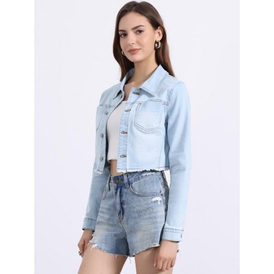 Женские куртки Allegra K Women's Turn Down Frayed Button Down Washed Cropped Denim Jacket Medium Red — фото 2