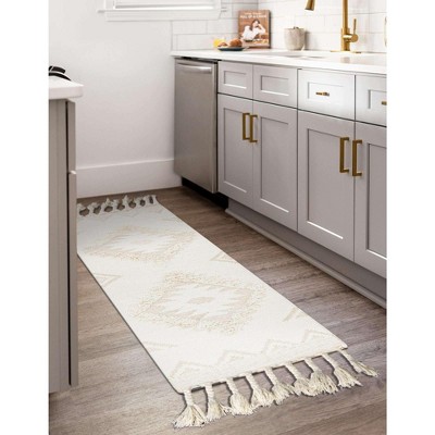 Handmade Ivory Wool Geometric Runner with Fringe