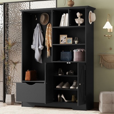 NicBex Hall Tree 47 In Entryway 4-in-1 Hall Tree with 7 Hooks, 4 Open Shelves, 1 Drawer and a Cabinet, Black