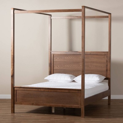 Elegant Walnut Brown King Size Wood Canopy Platform Bed