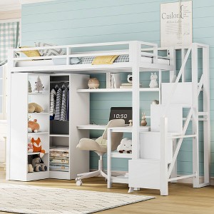 Twin/Full Size Metal Loft Bed With Desk, USB Ports, Shelf and Wardrobe, Space-Saving Storage Bed Frame, White - ModernLuxe - 1 of 4