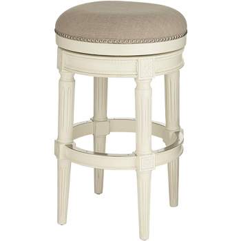 55 Downing Street Oliver Wood Swivel Bar Stool Distressed White 30 1/2" High Traditional Cream Round Cushion with Footrest for Kitchen Counter Height