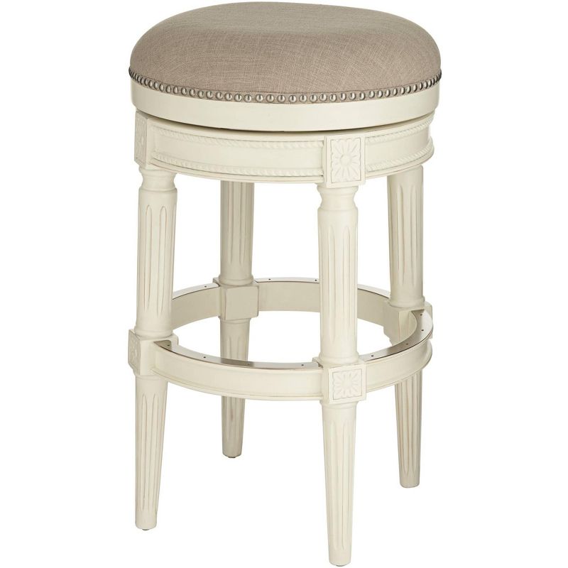 55 Downing Street Oliver Wood Swivel Bar Stool Distressed White 30 1/2" High Traditional Cream Round Cushion with Footrest for Kitchen Counter Height, 1 of 9