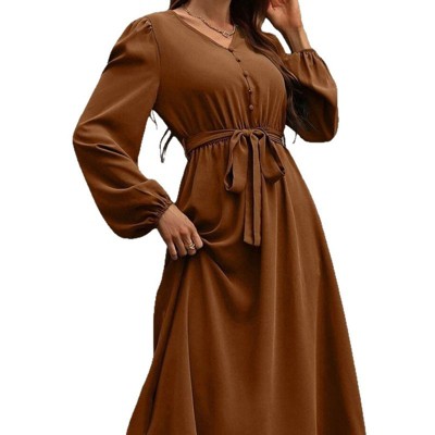 Coolmee Women's Puff Sleeve Dress V Neck Aline Elegant Flowy Wedding Guest Maxi Dresses with Belt