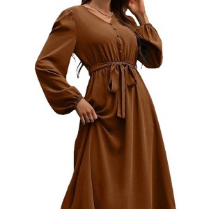 Coolmee Women's Puff Sleeve Dress V Neck Aline Elegant Flowy Wedding Guest Maxi Dresses with Belt - 1 of 4