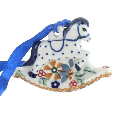 Blue Rose Polish Pottery Red Daisy Rocking Horse Ornament