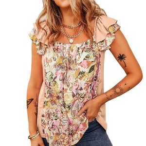 Women's Ruffled Cap Sleeve Floral Blouse Square Neck Open Back Tank Top Casual Summer Lounge Tops - 1 of 4
