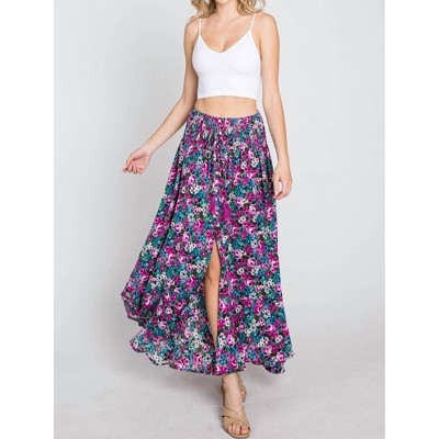Women's Floral Maxi Skirt With Smocked Waist & Button Front - ee:some