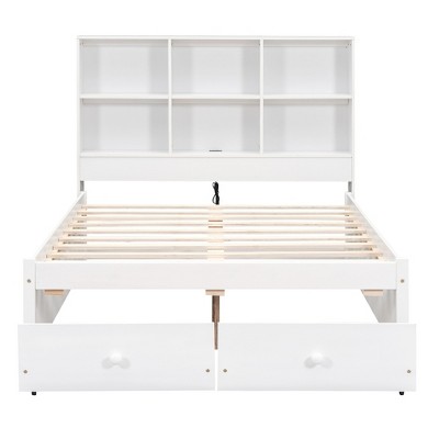 YOOCOZZ Full Size Platform Bed with Built-in Headboard Shelves, Charging Ports and 2 Drawers - White