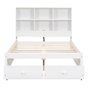YOOCOZZ Full Size Platform Bed with Built-in Headboard Shelves, Charging Ports and 2 Drawers - White - 1 of 4