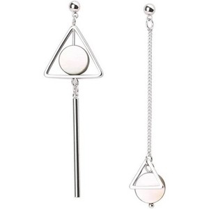 Asymmetric Geometric Earrings with Triangle Bar, Pearl Shell Disc & Chain Tassel Fringe Drop Design - 1 of 4