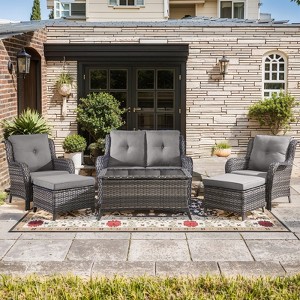 Gymojoy 6 Piece Outdoor Wicker Loveseat Sofa with Patio Chairs with Coffee Table and Ottoman Sets - 1 of 4