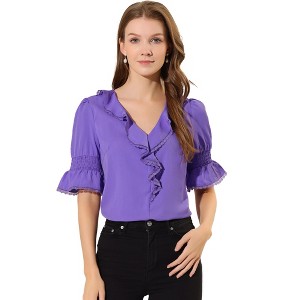 INSPIRE CHIC Women's Ruffle V Neck Puff Sleeve Summer Casual Chiffon Peasant Top - 1 of 4