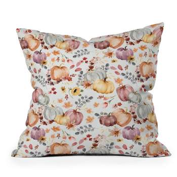 16"x16" Ninola Design Pumpkins Fall Floral Ecru Square Throw Pillow - Deny Designs
