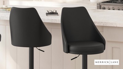 Set of Two Black Faux Leather Adjustable Dining Stools with Chrome Accents