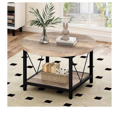 2-Tier Modern Round Coffee Table With Storage Open Shelf Wood Center Coffee For Home Office Living Room Light Brown