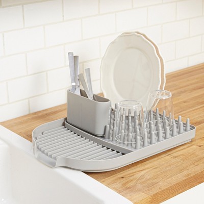 Gray Polypropylene 3-Piece Dish Drying Rack with Flatware Holder