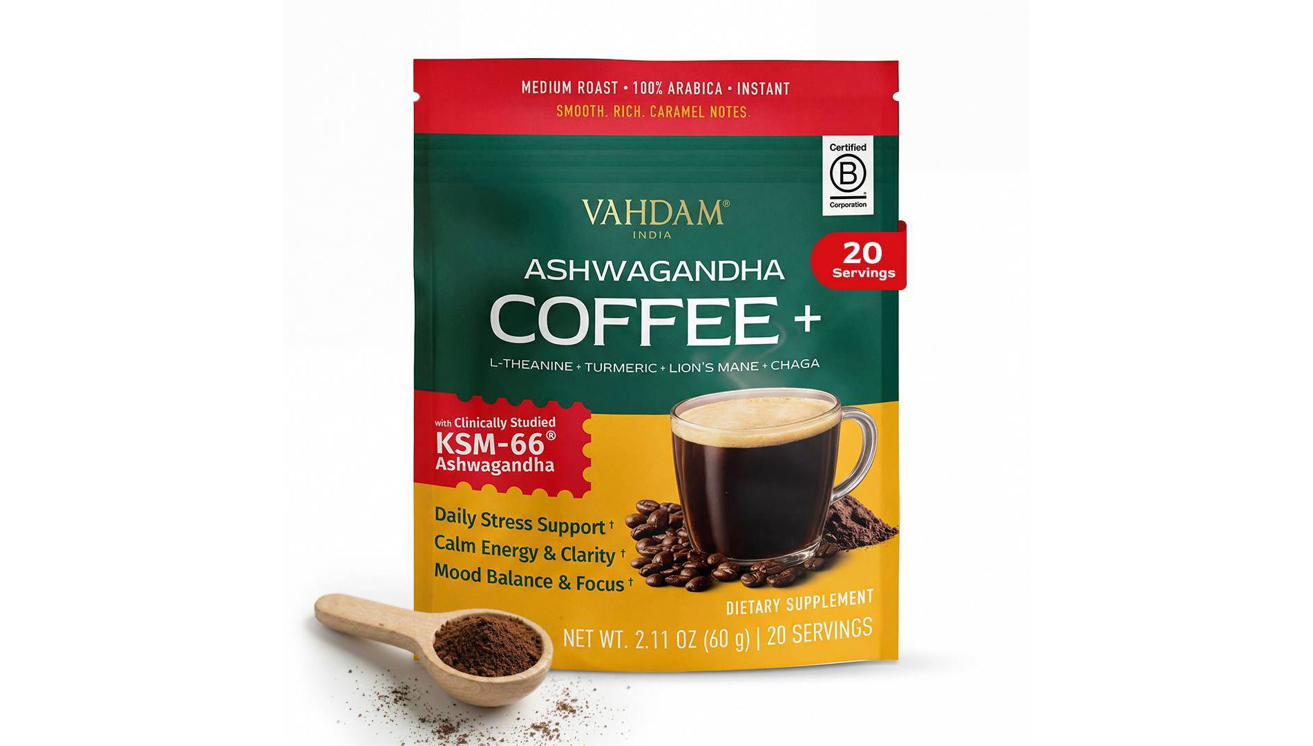 VAHDAM Ashwagandha Medium Roast Calm Energy and Focus Support Instant Coffee - 2.11oz