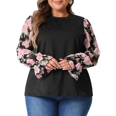 Agnes Orinda Women's Plus Size Crew Neck Ruffled Long Sleeve Floral Printed Casual Blouses