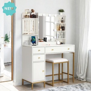 Jojoka Vanity Desk with Mirror & Stool, 3 Lighting Modes, LED Bulbs, Built-in Charging Station,Makeup Vanity Table with Drawers,Shelves,Jewelry Hooks - 1 of 4
