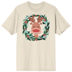 Christmas Critters Cartoon Deer Wreath Crew Neck Short Sleeve Natural Adult T-shirt - 1 of 2