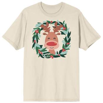 Christmas Critters Cartoon Deer Wreath Crew Neck Short Sleeve Natural Adult T-shirt