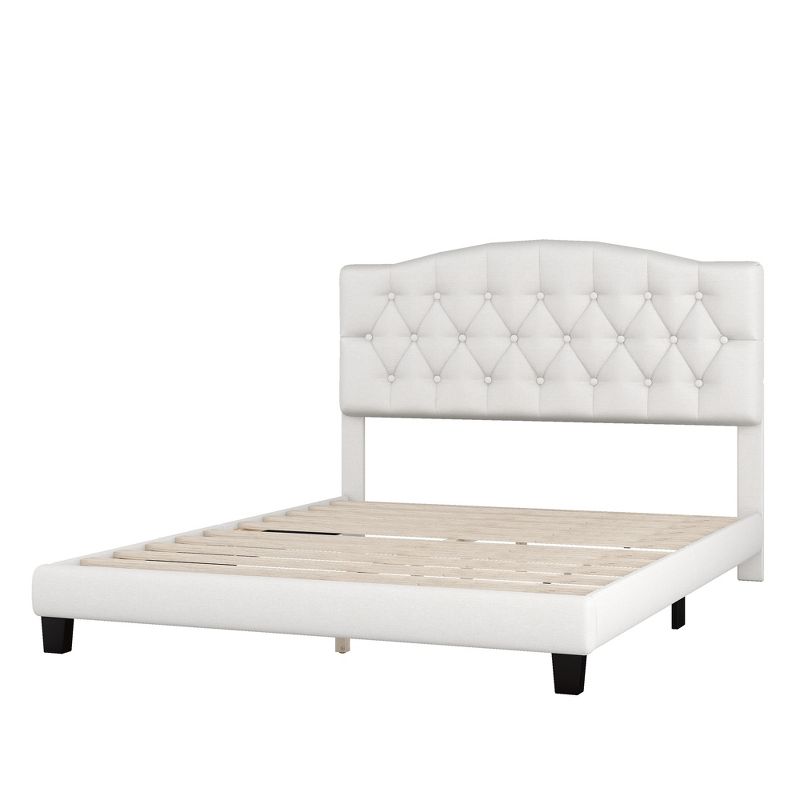 Upholstered  Linen Platform Bed Frame with Curved Tufted Headboard Beige-ModernLuxe, 3 of 9