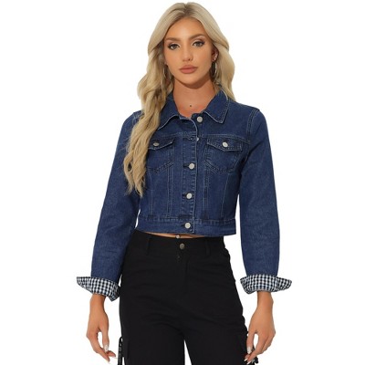 Allegra K Women's Solid Cropped Button-Down Plaid Cuffs Jean Jacket with Pockets