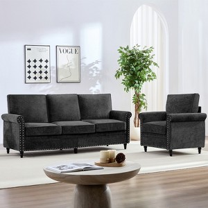 Mjkone Modern Chenille Fabric 3-Seater Sofa Couch with Single Sofa Chair with Unique Rivet,Solid Wood Gourd Shapes Legs for Living Room - 1 of 4