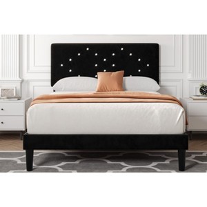 Velvet Upholstered Bed Frame with Vertical Channel Tufted & Sturdy Wood Slats, Strong Wooden Slats - 1 of 4