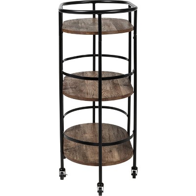 Rustic Brown and Black 3-Tier Oval Bar Cart with Storage