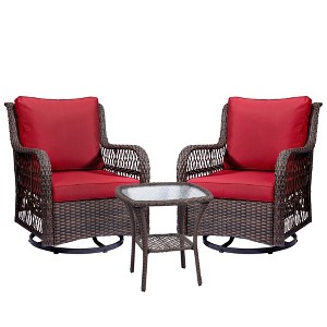 Outdoor Swivel Rocker Patio Chairs Set of 2 with Matching Side Table – 3-Piece Wicker Bistro Set with Premium Red Fabric Cushions - 1 of 4