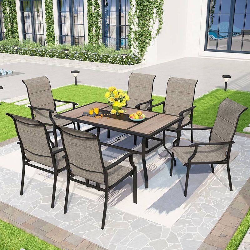 7pc Patio Dining Set with Faux Wood/Steel Table with Umbrella Hole &#38; Metal Padded Arm Chairs - Captiva Designs, 1 of 16