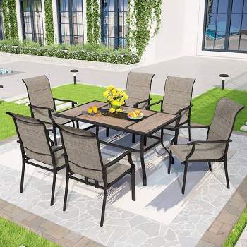 7pc Patio Dining Set with Faux Wood/Steel Table with Umbrella Hole & Metal Padded Arm Chairs - Captiva Designs