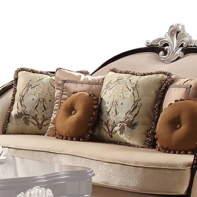 Elegant Traditional Black and Tan Fabric Sofa with Wooden Accents