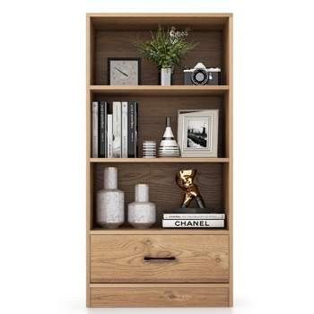Tangkula 4-Tier Bookcase w/Storage Drawer Modern Storage Shelf w/3-Tier Open Shelf Freestanding Display Shelf Grey/Natural/White