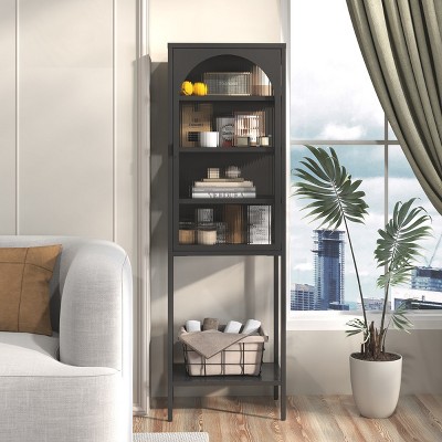 Metal Display Cabinet With Glass Door And Adjustable Shelves,5-Tier Cube Decorative Storage Cabinet,Display Cabinet For Living Room-Cuddlewood