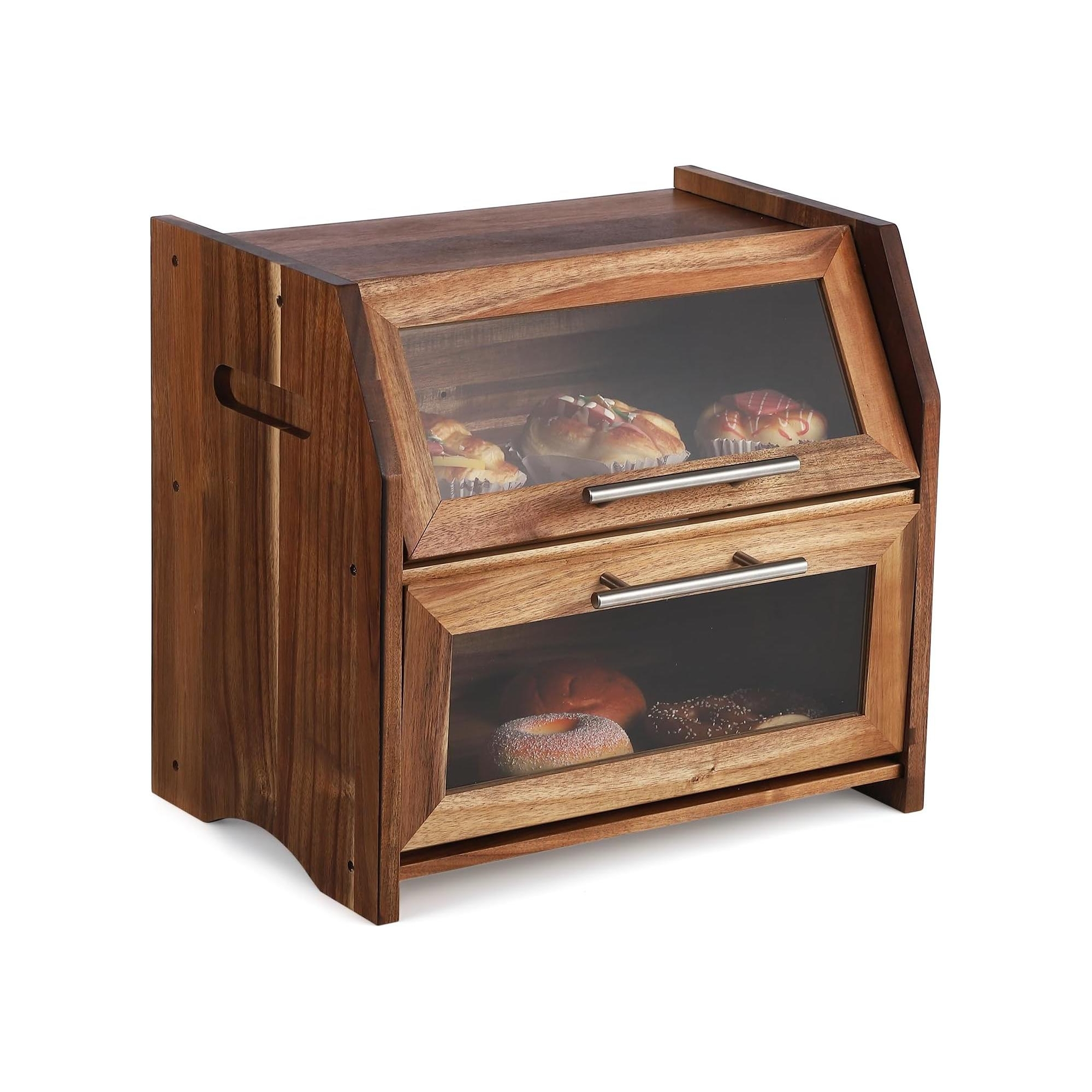 Bread Box, Double Layer Acacia Wooden Bread Bin with Clear Acrylic Door Panel, Air Vents
