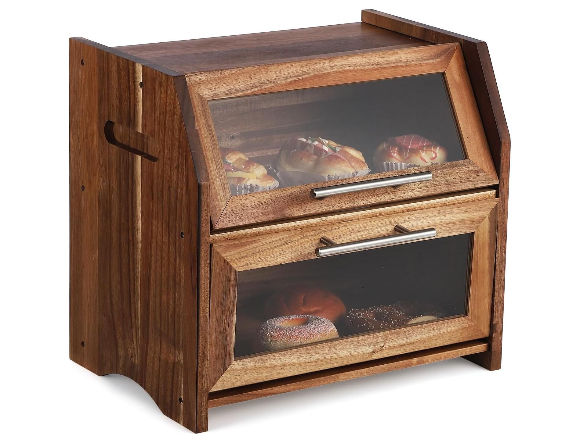 Bread Box, Double Layer Acacia Wooden Bread Bin with Clear Acrylic Door Panel, Air Vents