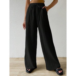 Womens Pants Relaxed Fit Wide Leg Casual Pants Elastic Drawstring Waist Long Pants - 1 of 4