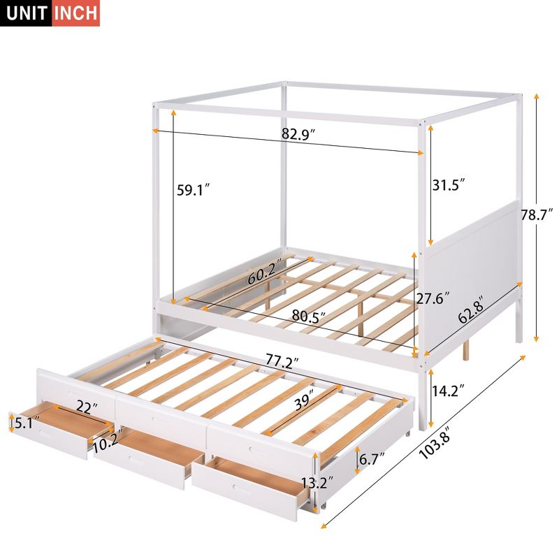 Queen Size Canopy Platform Bed with Twin Size Trundle Bed and Three Storage Drawers-ModernLuxe, 3 of 10