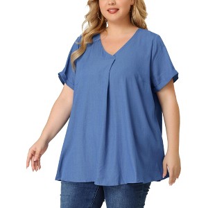 Agnes Orinda Women's Plus Size Casual V Neck Lounge Around Short Sleeve Solid Chambray Blouses - 1 of 4